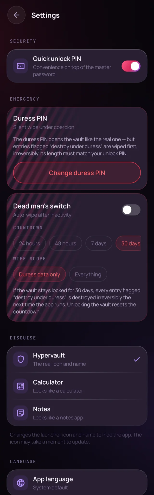 Settings / disguise screen